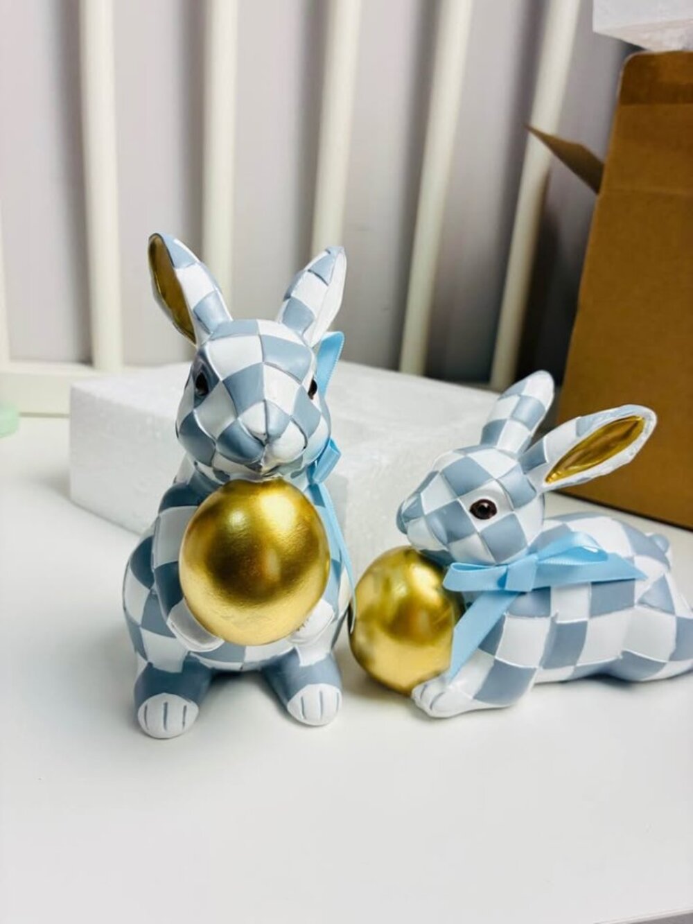 Charming Blue and White Checkered Bunny Figurines with Golden Eggs - Set of 2